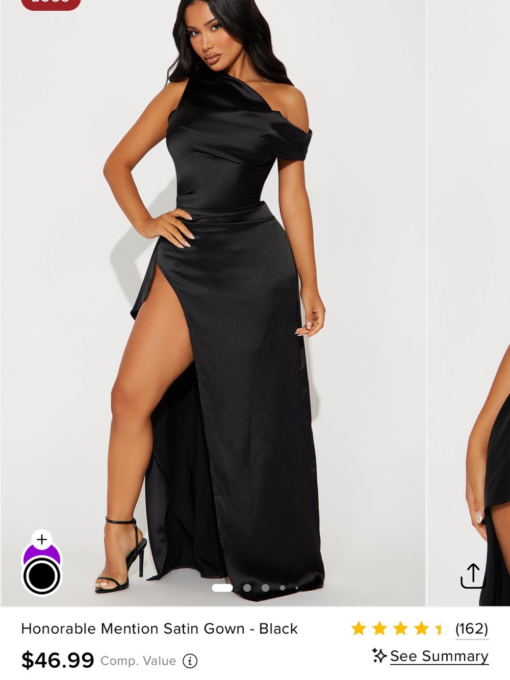 Brand New Fashion Nova Black One-Shoulder Satin Gown with High Slit